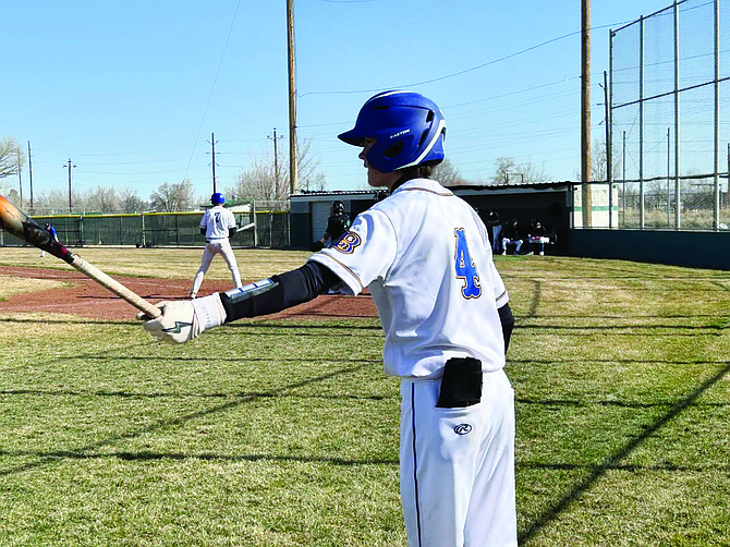 Lowry’s Connor Peterson waits in the on deck circle during Friday’s game with North Valleys at Churchll County High School in Fallon.