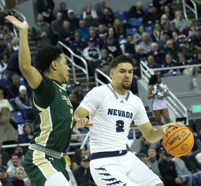 Nevada guard Jarod Lucas (shown against Colorado State earlier this season) played 39 minutes and scored 18 points on Thursday against CSU.