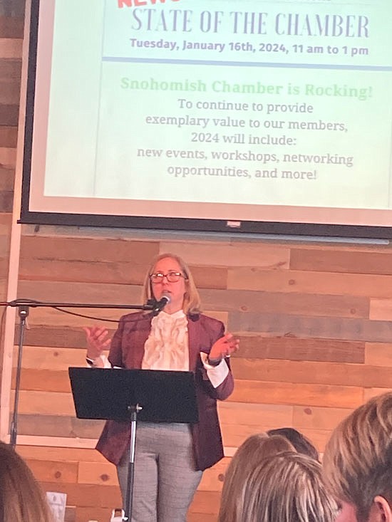 Snohomish Chamber director Nancy Keith presents at the Jan. 16 chamber meeting.