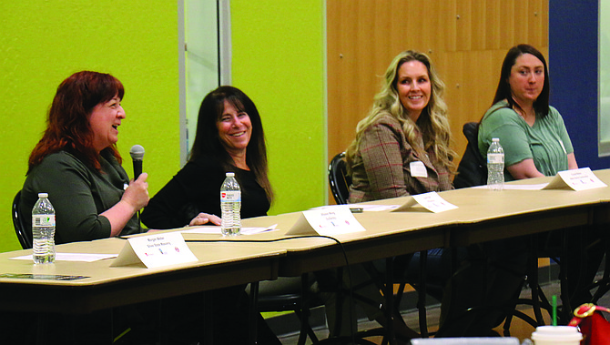 Hammers & Hope panelists Allyson Wong of GuiDenby, Inc., architect, far left, Karen Purcell of PK Electrical, Crystal Walker, project engineer for Martin Harris Construction, and Hanna Gibson, assistant project manager for Metcalf Builders, share with young women interested in entering the construction field how to get started and what skills employers are looking for at the Nevada State Contractors Board’s annual event on March 7.