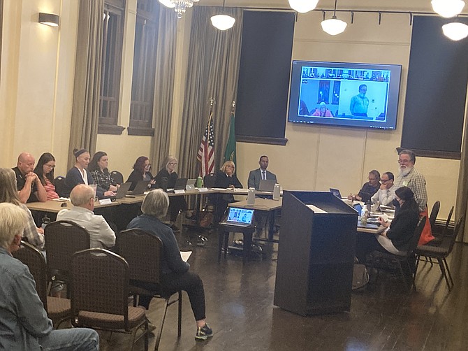 The Snohomish City Council at a meeting in the upper level of the Carnegie Building in September 2022. The council meets at 6 p.m. on the first and third Tuesday of each month at the Carnegie Building, typically in the lower level.