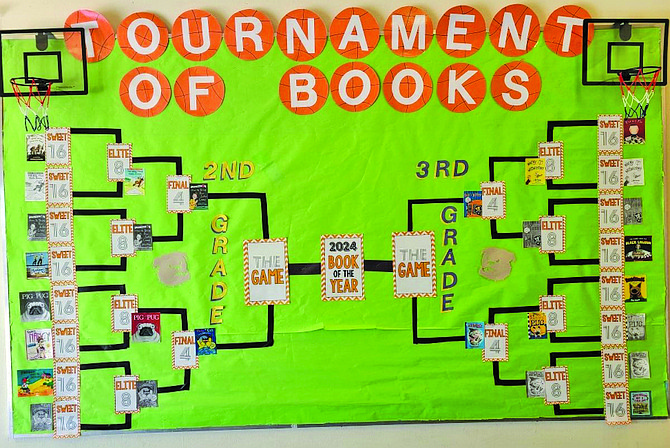 E.C. Best shows off its March Madness Tournament of Books bracket bulletin board.