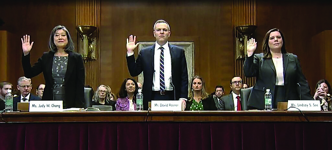 Judy Chang, David Rosner and Lindsay See, nominees to serve on the Federal Energy Regulatory Commission, are sworn in Thursday at the Senate Energy and Natural Resources Committee. (Senate Energy and Natural Resources Committee livestream)