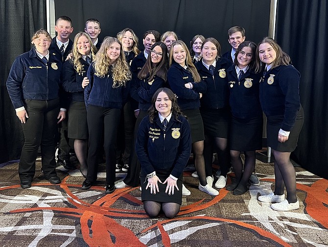 FFA Students at the state convention included, back row, from left: Liam Few, Garrett Gardner, McKinsey Ryon, Riggin Stonebarger, Heather Kloes, Jessica Anderson and Jackson Barbee. Middle row, from left: Stephanie Tidwell, Caitlyn Dock, Claire Lewis, Hannah Montalvo, Ava Bunyard, Laci Peterson, Madi Gregory and Bailey Prinz. In the front is Morgan Noorda, Nevada FFA state president.