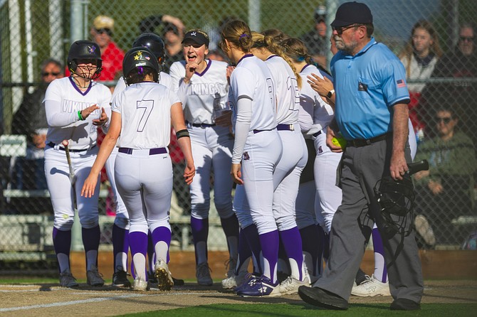 The Lake Stevens softball team celebrates as it goose-egged the Cascade Bruins 10-0 in a non-conference game Friday, March 29 at Lake Stevens’ diamond.
The game handed Cascade its second loss even though it is having a 5-2 season (3-0 league) so far.
Lake Stevens was 8-1 overall as of press time mid-Monday. The Lake Stevens Vikings had games Monday and Tuesday; Tuesday’s game being against Snohomish.