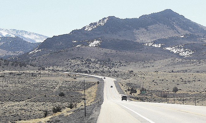 Highway 395 travels south in Bodie Flat toward Topaz Lake.