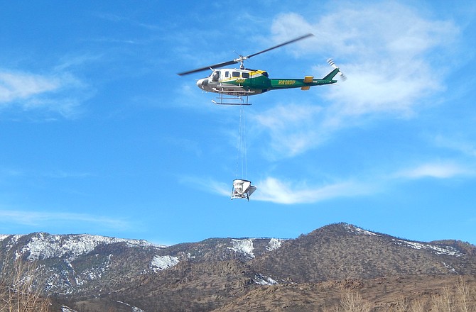 A Nevada Division of Forestry helicopter drops seed over the Tamarack burn in southern Douglas County in February 2022.