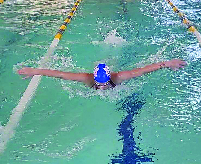Battle Mountain’s Nevaeh Serna swims at a meet earlier this year. The young swimmer recently competed at the Pacific Swimming Far Western Championships in California.