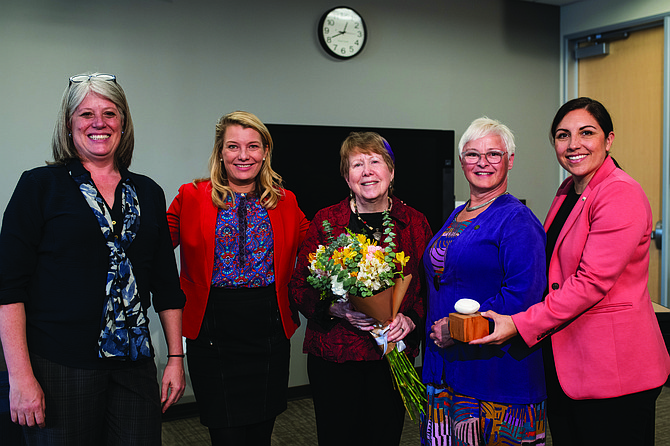 Claudia Balducci, Sarah Reyneveld, Jeanne Kohl-Welles, Sarah Perry, and Teresa Mosqueda celebrate former King County Councilmember Jeanne Kohl-Welles as the inaugural recipient of the Women Uplifting Women Award.