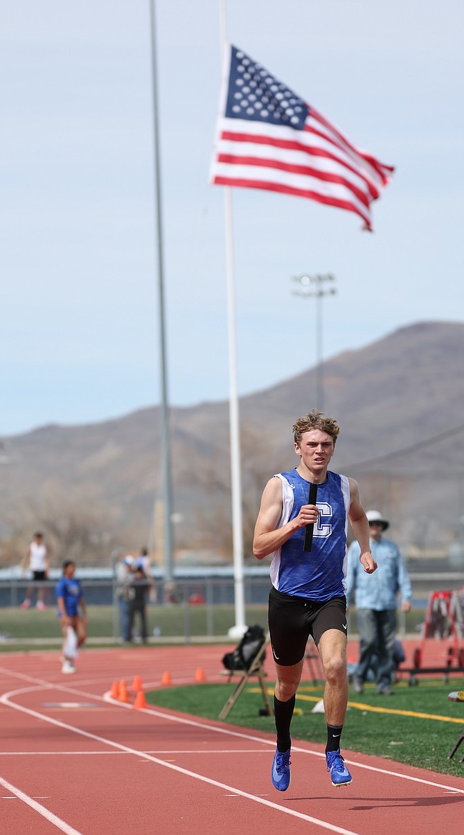 Carson High’s Sawyer Macy runs during the Senators home league meet last week. Saturday, Macy broke Carson’s 14-year-old school record (set in 2010) in the 1,600 with a time of 4:18.63.