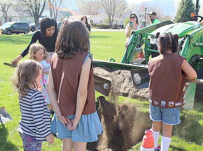 Girl Scouts help plant a London tree at Gardner Park in Gardnerville for Arbor Day 2023.