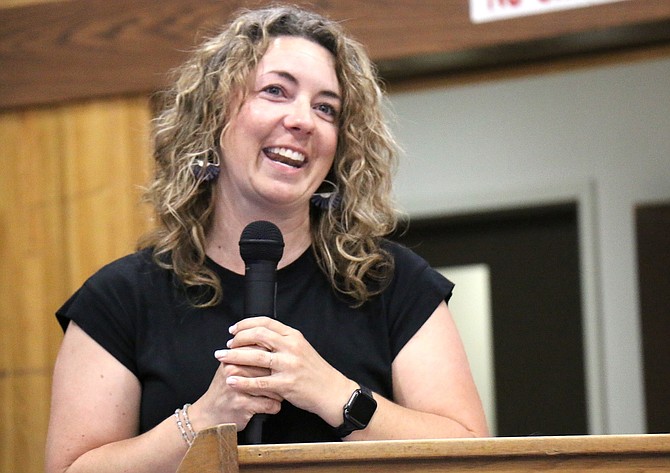 Laura Ricks, TOSA/instructional coach at Empire Elementary School, reacts to being named Carson City School District’s Educator of the Year on April 23, 2024.