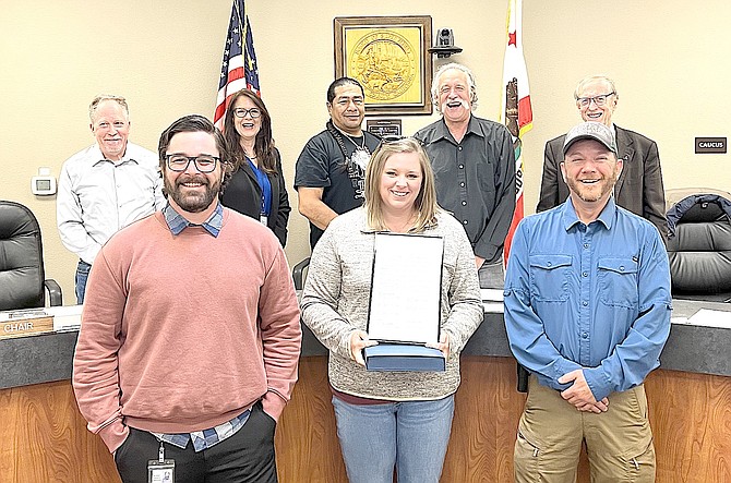 Humboldt-Toiyabe Region 4 Forester Annabelle Monti receives the thanks of the Alpine County Board of Supervisors on April 16.