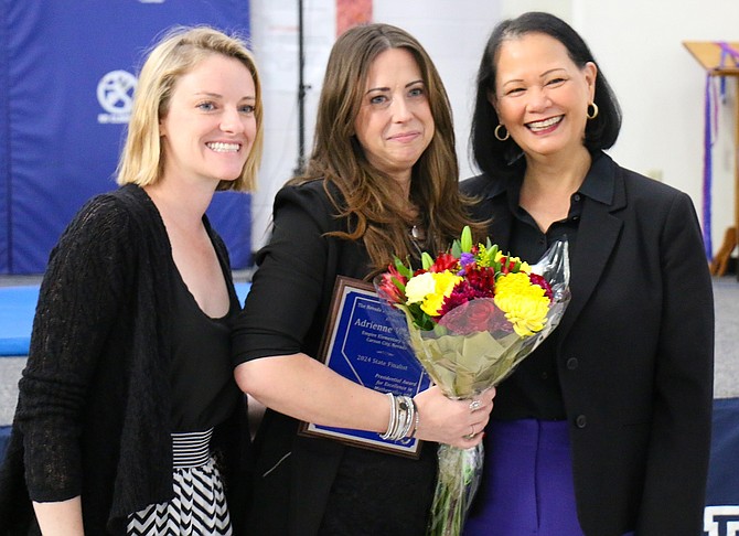Heather Crawford-Ferre, state Presidential Awards for Excellence in Mathematics and Science Teaching coordinator, Empire Elementary K-5 teacher Adrienne Wiggins and Nevada Superintendent of Public Instruction Jhone Ebert after Wiggins was named a finalist for the PAEMST on April 24.