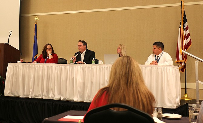CCSD Associate Superintendent of Educational Services Tasha Fuson, Pioneer Academy Principal Jason Zona, Christy McGill, NDE deputy superintendent for educator effectiveness and family engagement, and CCSD’s Ricky Medina, director of accountability and assessment, during last week’s Critical Challenges Forum.