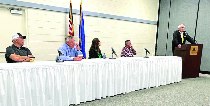Candidates for County Commission District 1 and 3 spoke before the Churchill Entrepreneur Development Agency members at an April 25 breakfast. From left: Todd Moretto, Matt Hyde, Julie Guerrero-Goetsch, Eric Blakey and Rusty Jardine. Not pictured is John Caetano.