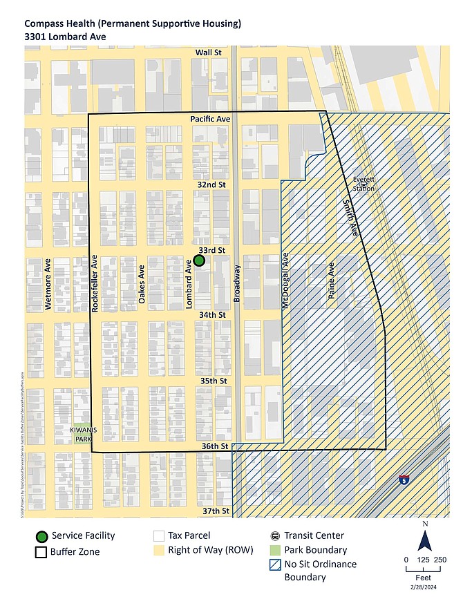 Map of the boundaries of the new buffer zone for 3301 Lombard Ave. The lined area on the map is an overlapping no-sit/no-lie zone around the Everett Gospel Mission.