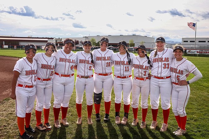 The seniors of Douglas High School softball pose for a photo prior to their doubleheader against Carson Saturday. Pictured from left to right are Mya Roberts, Mercedes Covey, Lilyann Lee, Haley Wilkinson, Talia Tretton, Zora Simpson, Lexi Hyde, Shasta Lumsden and Ava Delaney.