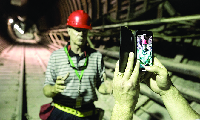 Arkansas Rep. Steve Womack records a video for his constituents in the South Portal tunnel at Yucca Mountain on Saturday, July 14, 2018. Twelve members of the House Energy and Commerce Committee toured the proposed site for story nuclear waste. (Jeff Scheid/The Nevada Independent)