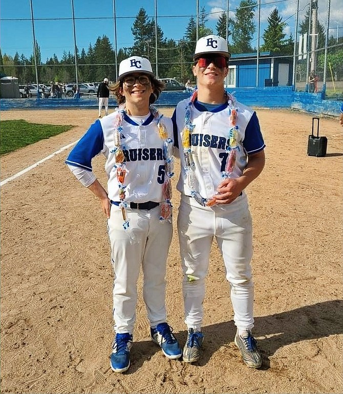 Eatonville Seniors Payton Hanly and Will Sepich pose for a photo after being honored on Senior Night.