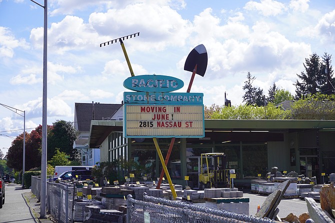 Pacific Stone’s recognizable shovel-and-rake sign, seen May 2, might or might not move with the store when it relocates in the coming weeks.