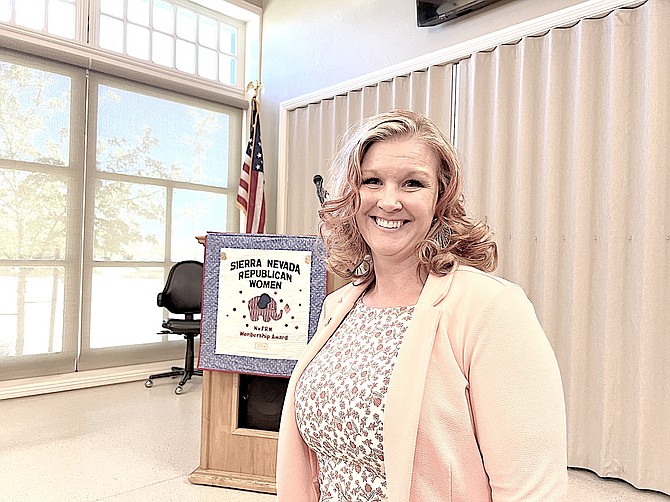 Douglas County Clerk-Treasurer Amy Burgans talked about elections with the Sierra Nevada Republican Women on Wednesday at the COD Garage in Minden.