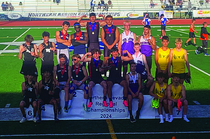 Pershing County’s record-breaking 4x200 relay team flexes their muscles at the Northern 2A Regional Track and Field Championships at Carson High School in Carson City. Back row: Denzel Zaldivar and Izayuh McGlothin. Front row: Josiah Hunt and Luis Sanchez.