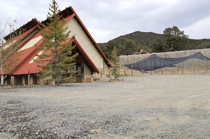 An Ichthyosaur mural is seen by the Fossil House at Berlin-Ichthyosaur State Park in May 2024.