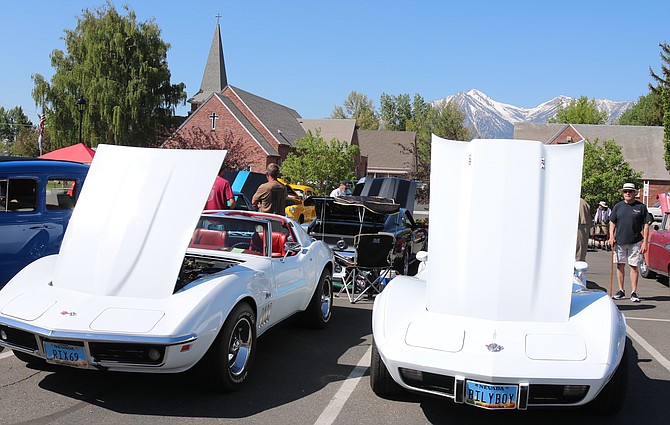 Corvettes vie with the Trinity Lutheran Church spire and Jobs Peak on Saturday morning for Holy Smokers Show & Shine in Gardnerville.