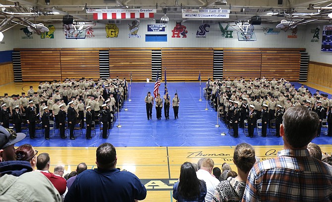Carson High School’s Navy Junior Reserve Officer Training Corps’ Color Guard team presents the color during the unit’s awards night May 9.