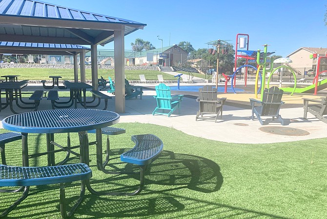 New deck chairs and picnic tables at the municipal outdoor swimming pool and splash pad are ready for the May 25 opening day.