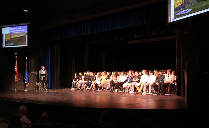 Carson City School Board President Joe Cacioppo addresses 70 Carson High School scholarship recipients Thursday night during the annual Salute to Scholars event in the Carson City Community Center.
