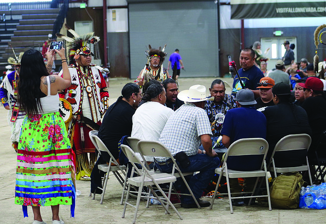 A drum group plays at last year’s Moving Forward Together Powwow at the Rafter 3C Arena.