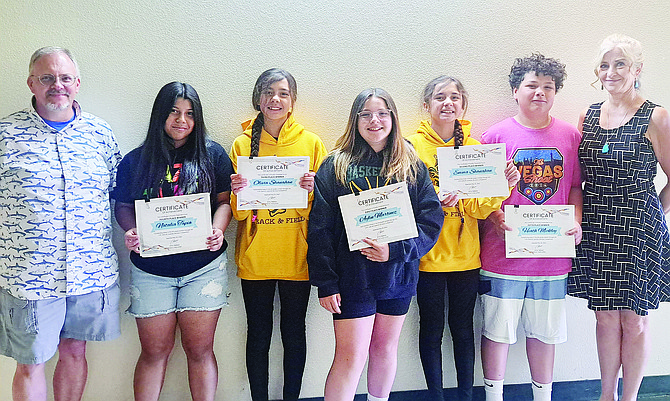 Teacher Mr. Firme, Natalia Tapia, Olivia Shanahan, Aylin Martinez, Emma Shanahan, Heath Meckley and instructor Amy Nelson.