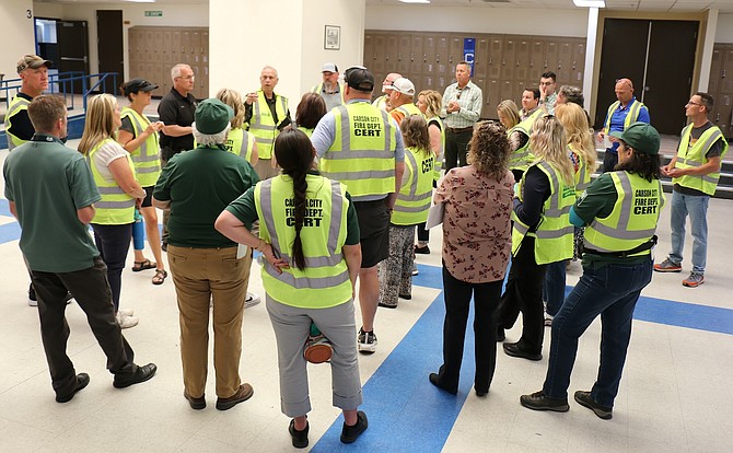 Carson City Sheriff Ken Furlong addresses school district administrators on procedures during an active shooter drill at Carson High on June 4, 2024.