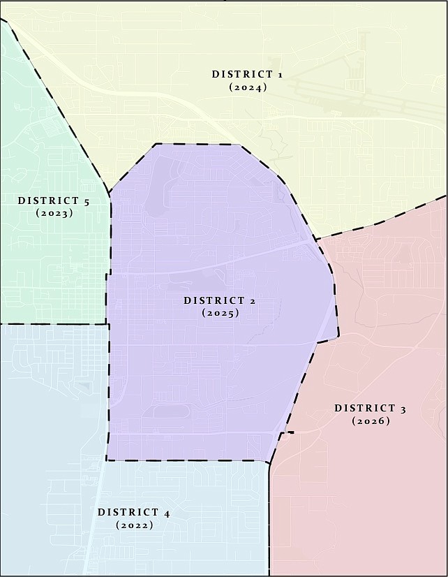 A map showing Carson City Performance Districts. Road maintenance projects rotate between the districts over a five-year period.