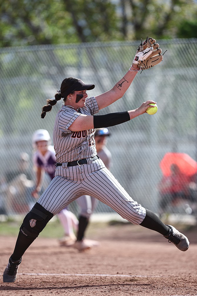 Douglas High’s Talia Tretton delivers a pitch, during the 2024 season. Tretton, who won her second Nevada Gatorade softball Player of the Year award, has her name littered on the NIAA’s all-time record book for her play over her career.