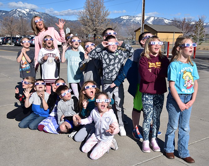 Piñon Hills Elementary School teacher Karen Sullivan's second-grade class learning about the April 8 solar eclipse and how to look view it with glasses, that amazed them. Photo special to The R-C