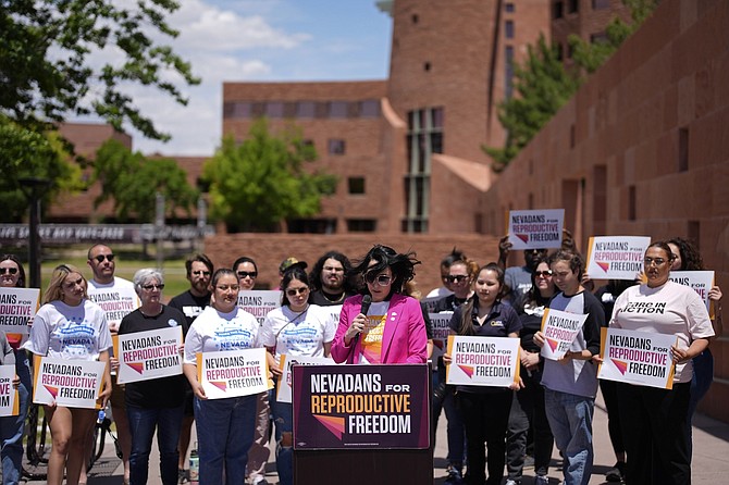Lindsey Harmon, president, Nevadans for Reproductive Freedom, speaks during a news conference by Nevadans for Reproductive Freedom on May 20, 2024, in Las Vegas.