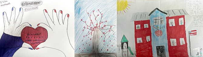 The winners of the 2024 Friends of Dangberg Home Art Contest: First prize, Isla Vorhees with “Friendship” (left); Second prize, Aspen Meyer with “Trees” (center); Third prize, Reagan Gustafson with “Schools.”