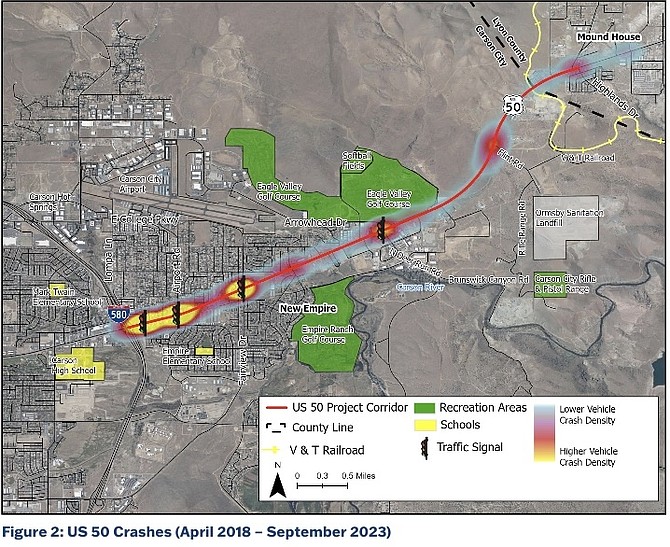 A map from the U.S. 50 East Carson Complete Streets Study showing density of vehicle crashes in the subject area from April 2018 to September 2023.