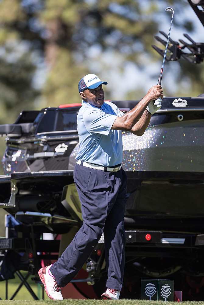 Charles Barkley watches his ball flight after a shot during the second round of the 2023 American Century Championships at Edgewood Golf Course. The bookmakers are stacked against Barkley finishing inside of the top 75 this year.