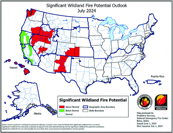 National Interagency Fire Center map of the wildfire outlook for July 2024.