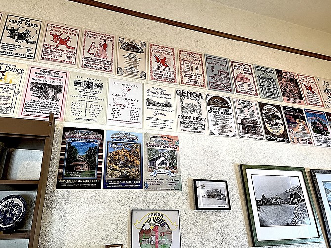 Candy Dance posters line a wall of the exhibit in the Genoa Courthouse Museum.