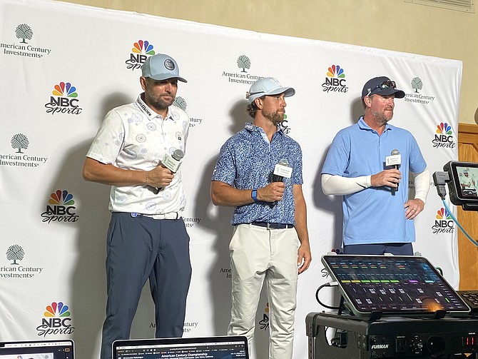 Mardy Fish, left, Adam Thielen, middle, and Derek Lowe stand at the podium, answering questions on the second round of action at the American Century Championships. Fish, the 2020 ACC winner, leads the event with 57 points.