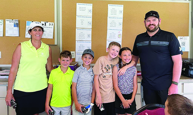 The winning team of the Emelie Dillon scramble included Lisa Carlson, Grant Weber, Canyon Weber, Sebastian Roman and Bryelle Weber. Also pictured is Winnemucca Golf Pro Joey Dendary.