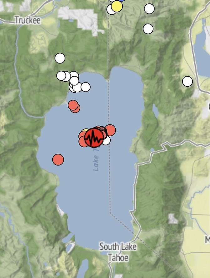 A Sunday morning screenshot of the Nevada Seismology Lab's map showing a swarm of earthquakes in the middle of Lake Tahoe that occurred over 24 hours.