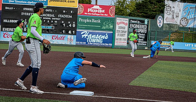 Two sliding AquaSox players are safe at second and third during the early innings of Sunday’s game between the Everett AquaSox and the visiting Hillsboro Hops at Funko Field. The game strung out to two extra innings. In the final inning, AquaSox batter Hunter Fitz-Gerald drew the game back to a 3-3 tie. Then, AquaSox batter Caleb Cali 
demolished a two-run, walk-off home run in the bottom of the 11th inning to win it for the Sox 5-3. 
On Friday, the Sox lost to Hillsboro 6-8. On Saturday, they lost to Hillsboro 3-7. 
The Sox are on the road this week with a set of games against the Tri-Cities Dust Devils.
They return to Funko Field on Tuesday, July 30, for a six-game series against the Eugene Emeralds. 
As of Sunday, July 21, the Everett AquaSox are 10-14 in the High-A Northwest League. Spokane tops the standings at 18-6 so far this year.