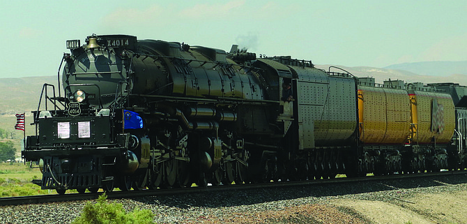 Big Boy No. 4014 slows down to stop at Hazen last week for a maintenance check and to allow train enthusiasts to see the engine up close.