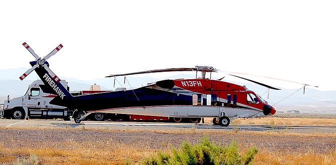 A fire helicopter stationed at Minden-Tahoe Airport.